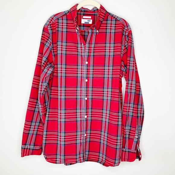OLD NAVY Mens Classic Regular Fit Button Down Shirt Winters Day Red Plaid Large - Picture 1 of 9